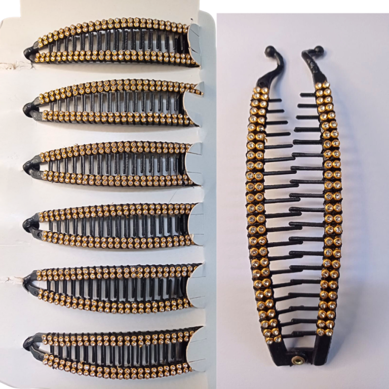 CARTELA 6 PRESILHAS BANANA PEDRINHAS DOURADAS 14CM