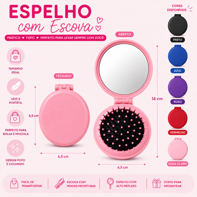 ESPELHO DE BOLSA COM MINI ESCOVA DE CABELO