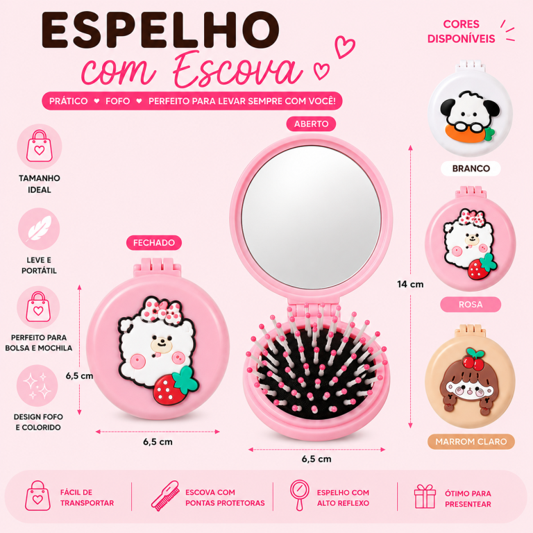 ESPELHO DE BOLSA COM MINI ESCOVA DE CABELO COM DESENHO