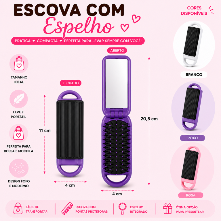 ESPELHO DE BOLSA COM MINI ESCOVA DE CABELO RETANGULAR