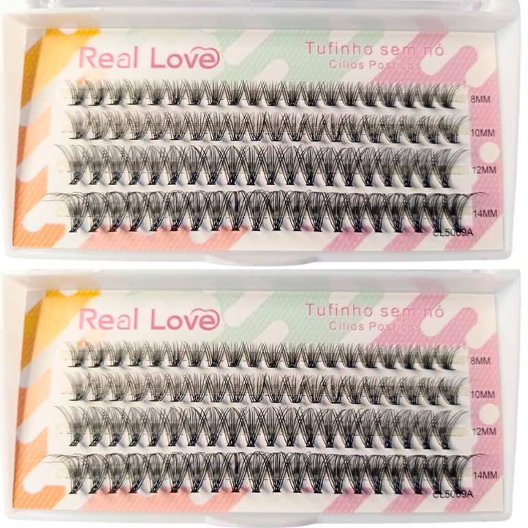 CARTELA DE CÍLIOS TUFINHOS SEM NÓ 20P MIX 8  AO 14 0.10D REAL LOVE BOX COM 10 UN