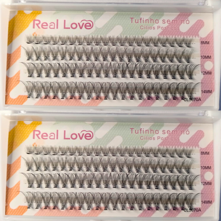 CARTELA DE CÍLIOS TUFINHOS SEM NÓ 12P MIX 8 AO 14 MM 0.10D REAL LOVE BOX COM 10 UN