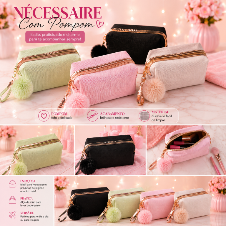 BOLSA NECESSAIRE TEXTURA COM POMPOM 22 X 11 CM