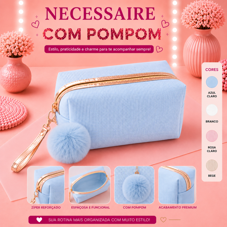 BOLSA NECESSAIRE TEXTURA COM POMPOM 22 X 11 CM