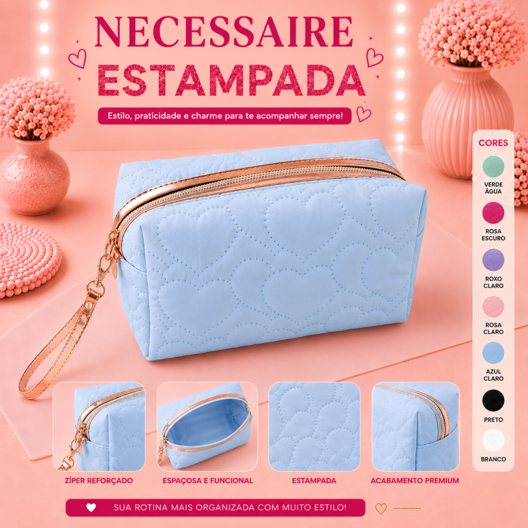 BOLSA NECESSAIRE ESTAMPA CORAÇÃO 22 X 11 CM