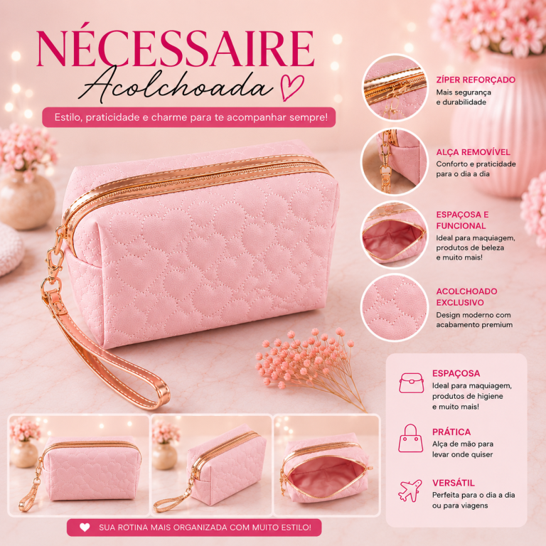 BOLSA NECESSAIRE ESTAMPA CORAÇÃO 22 X 11 CM
