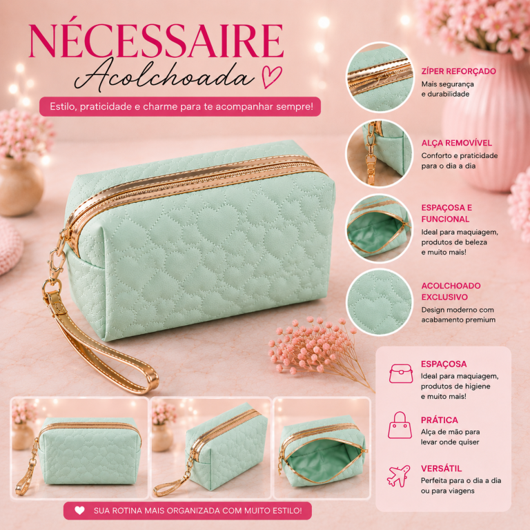 BOLSA NECESSAIRE ESTAMPA CORAÇÃO 22 X 11 CM
