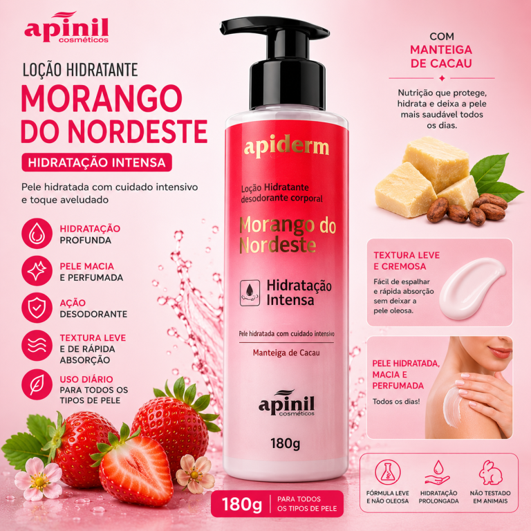 LOÇÃO HIDRATANTE COM VÁLVULA MORANGO DO NORDESTE APINIL 180 ML