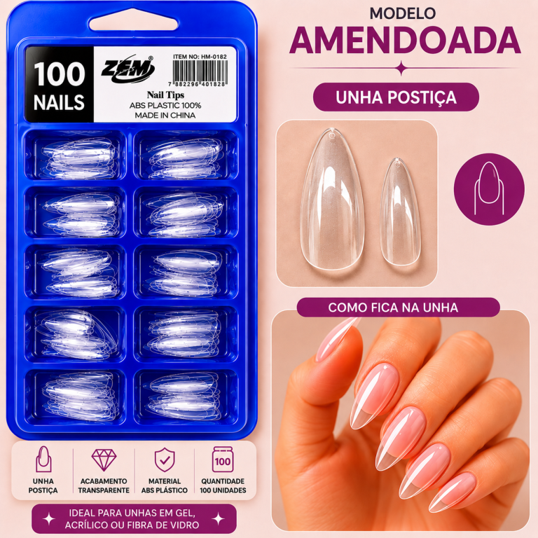 CARTELA DE UNHA A. POSTIÇA AMENDOADA ZEM COM 100 UN
