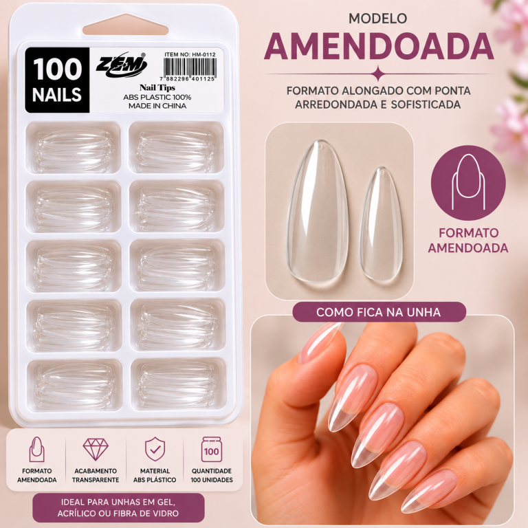 CARTELA DE UNHA A. POSTIÇA AMENDOADA ZEM COM 100 UN