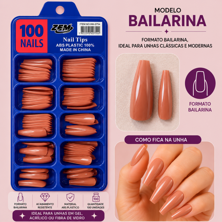 CARTELA DE UNHA POSTIÇA BAILARINA NUDE ESCURO COM 100 UN