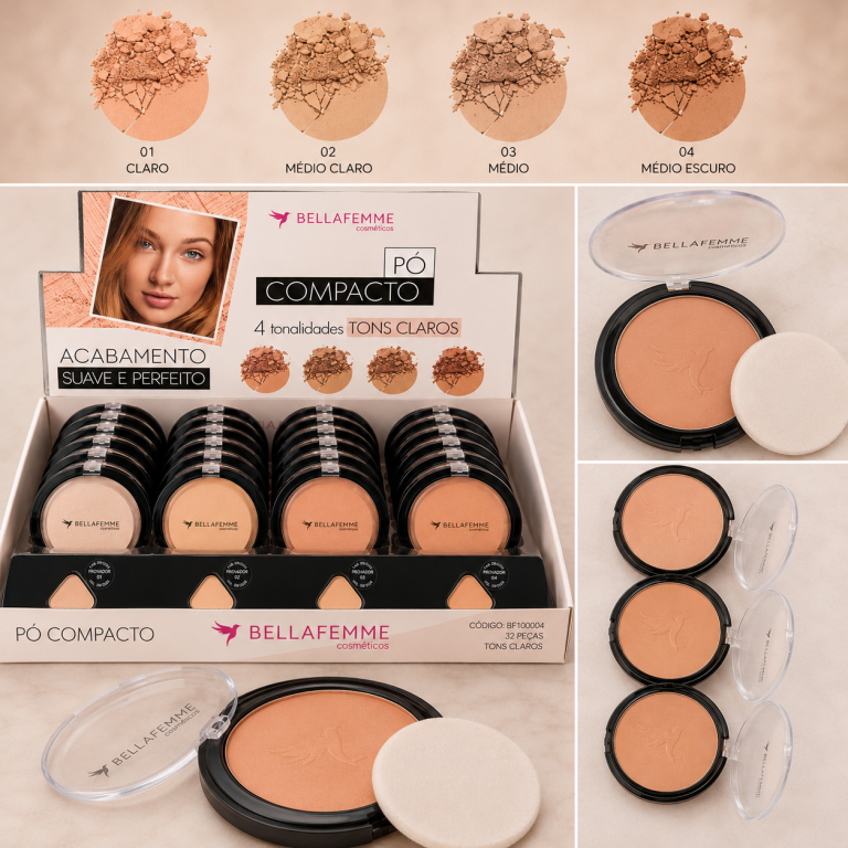 PÓ COMPACTO TONS CLAROS 8G BELLA FEMME BOX COM 32 UN
