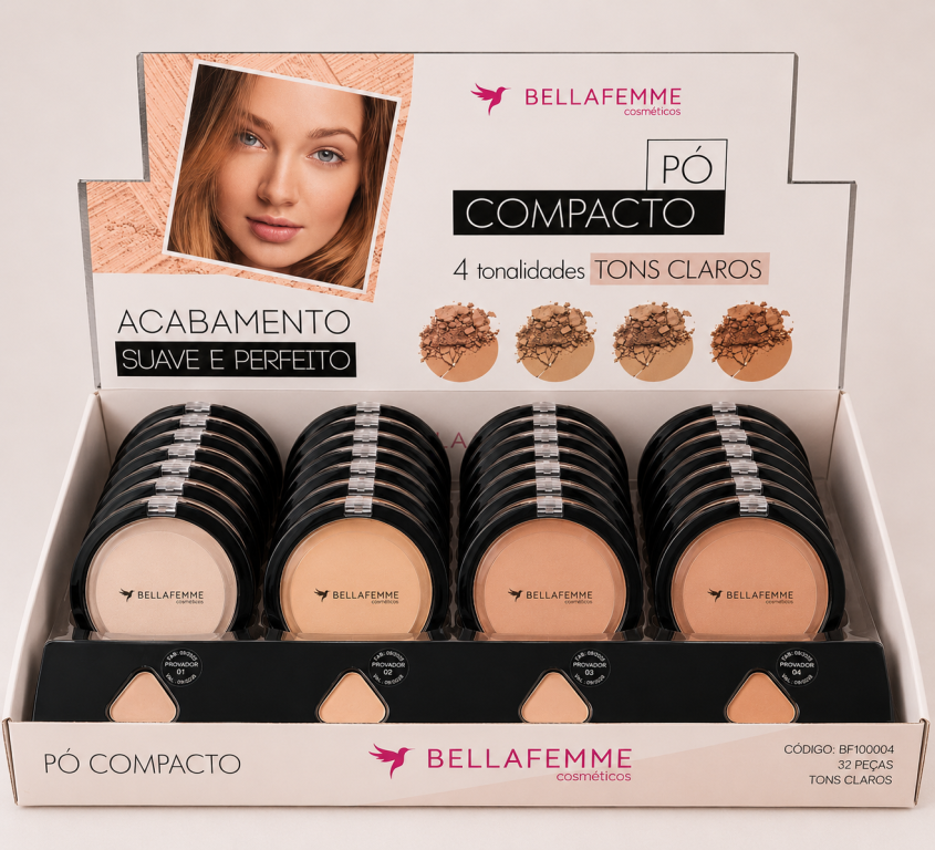 PÓ COMPACTO TONS CLAROS 8G BELLA FEMME BOX COM 32 UN