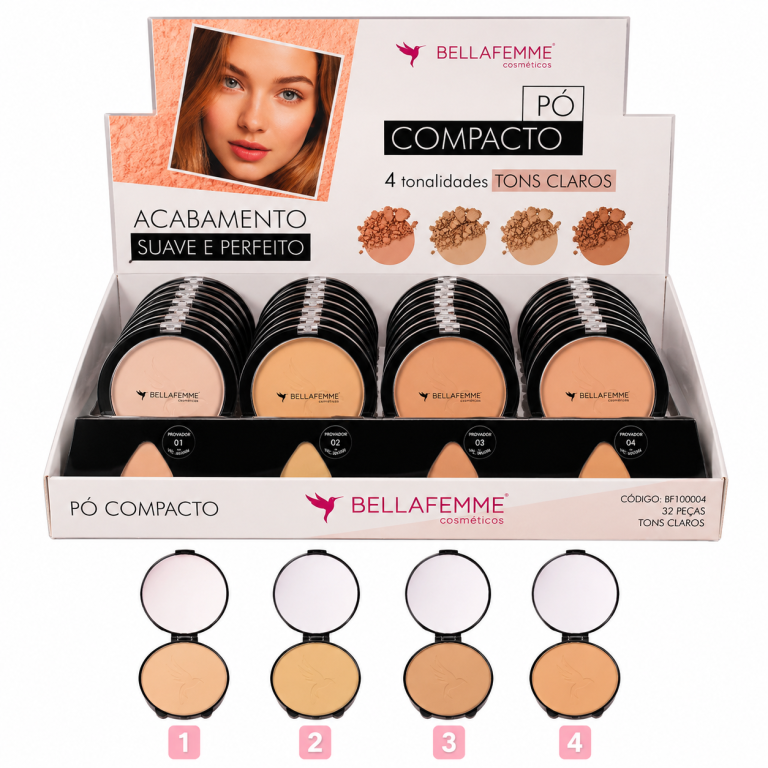 PÓ COMPACTO TONS CLAROS 8G BELLA FEMME BOX COM 32 UN