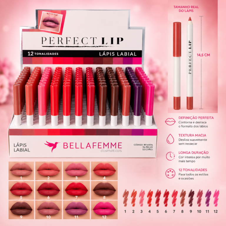LÁPIS LABIAL PERFECT LIP 12 CORES BELLA FEMME BOX COM 96 UN