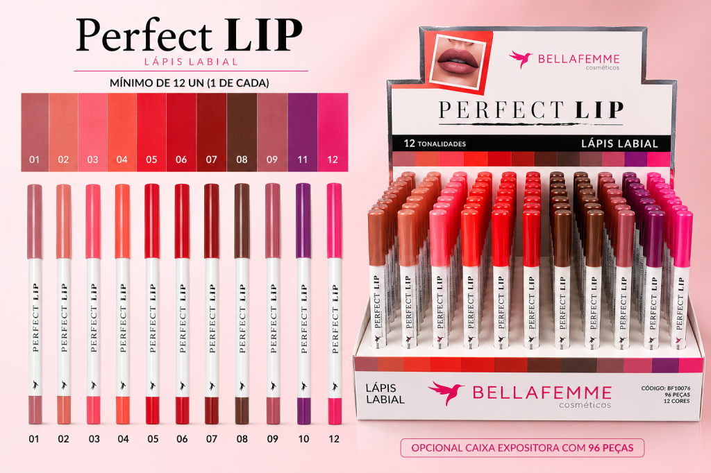 LÁPIS LABIAL PERFECT LIP 12 CORES BELLA FEMME BOX COM 96 UN