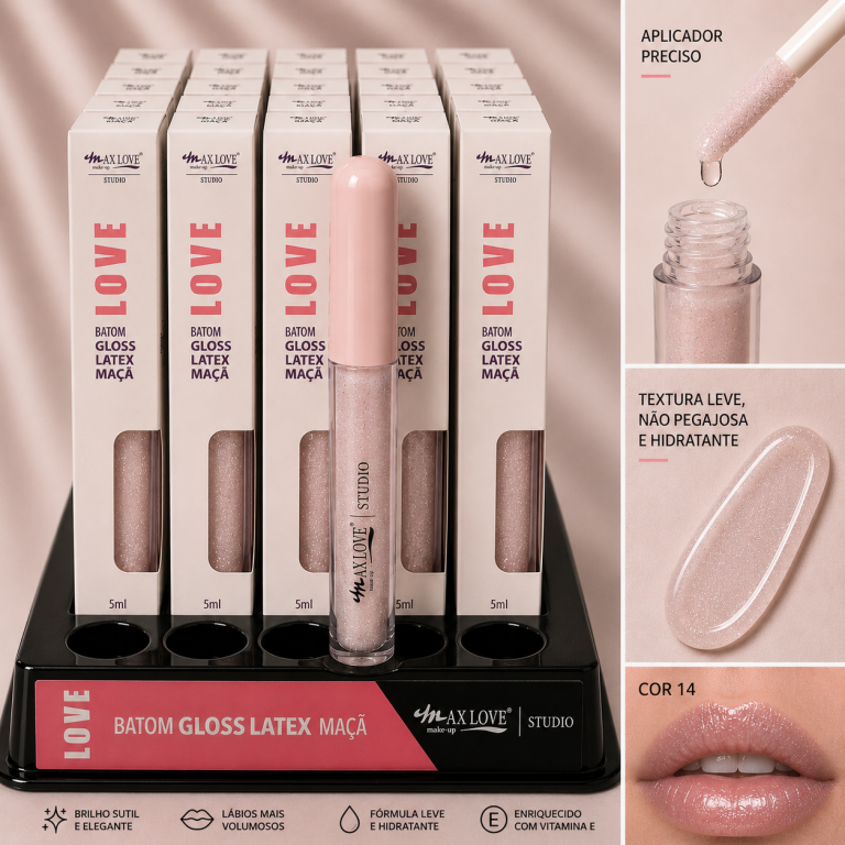 LIP GLOSS LÁTEX INCOLOR COM BRILHO MAÇÃ 14 MAX LOVE BOX COM 48 UN