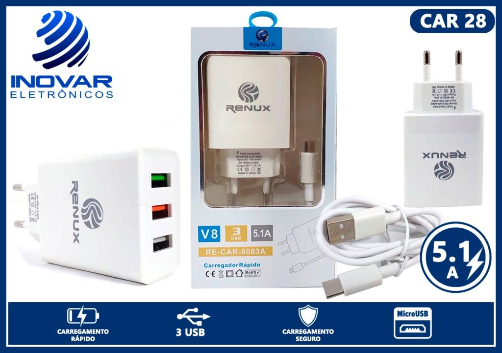 CAR 28 CARREGADOR 5.1A  3 SAIDAS USB COM CABO V8 SEPARADO CAR-8083A