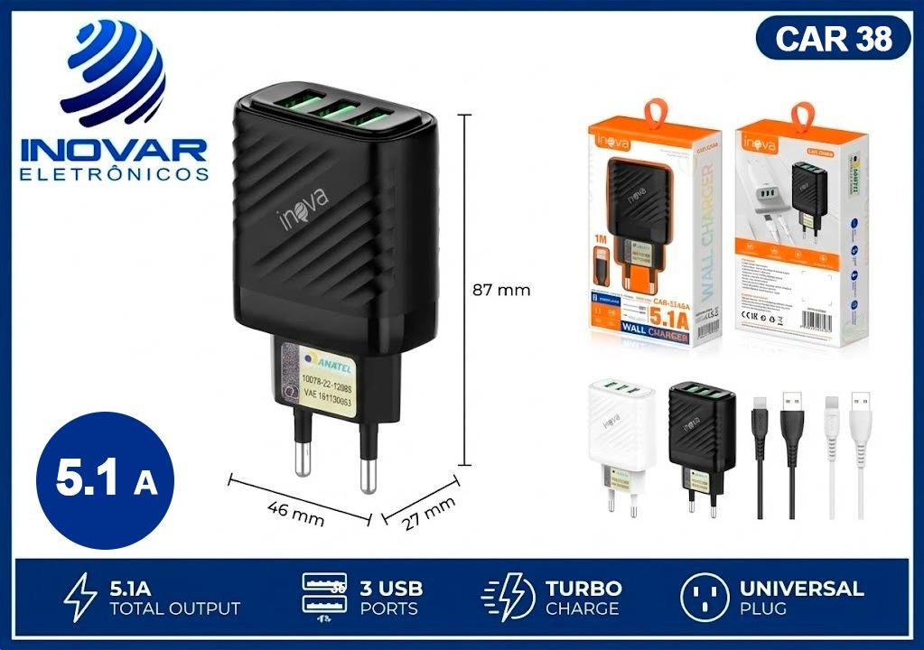 CAR 38 CARREGADOR 5.1A COM CABO SEPARADO LIGHTNING (iphone) CAR-5266A 3251A 3250A 3258