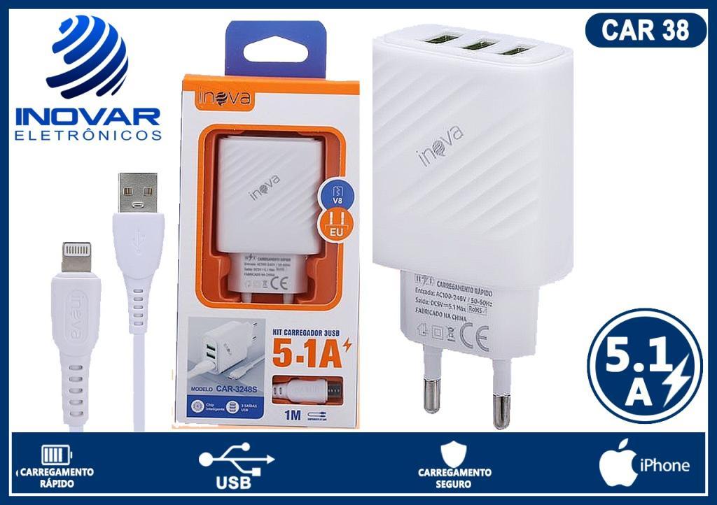CAR 38 CARREGADOR 5.1A COM CABO SEPARADO LIGHTNING (iphone) CAR-5266A 3251A 3250A 3258