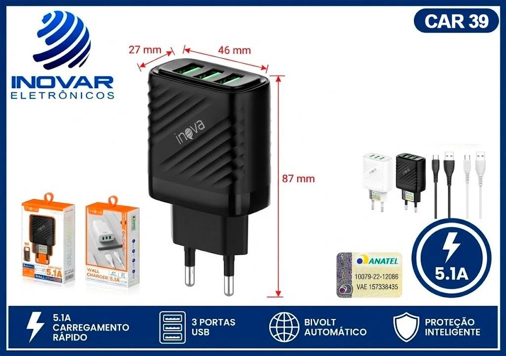 CAR 39 CARREGADOR 5.1A COM CABO SEPARADO TIPO C CAR-5266C 3251C 3246C 3248 5268 3250C 3257C 3258