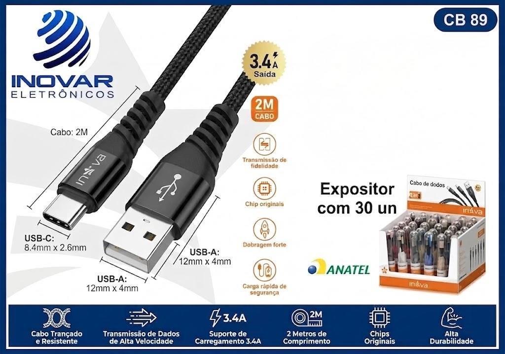 CB 89 KIT EXPOSITOR COM 30 UNIDADES CABO USB/TIPO C COM 2 METROS