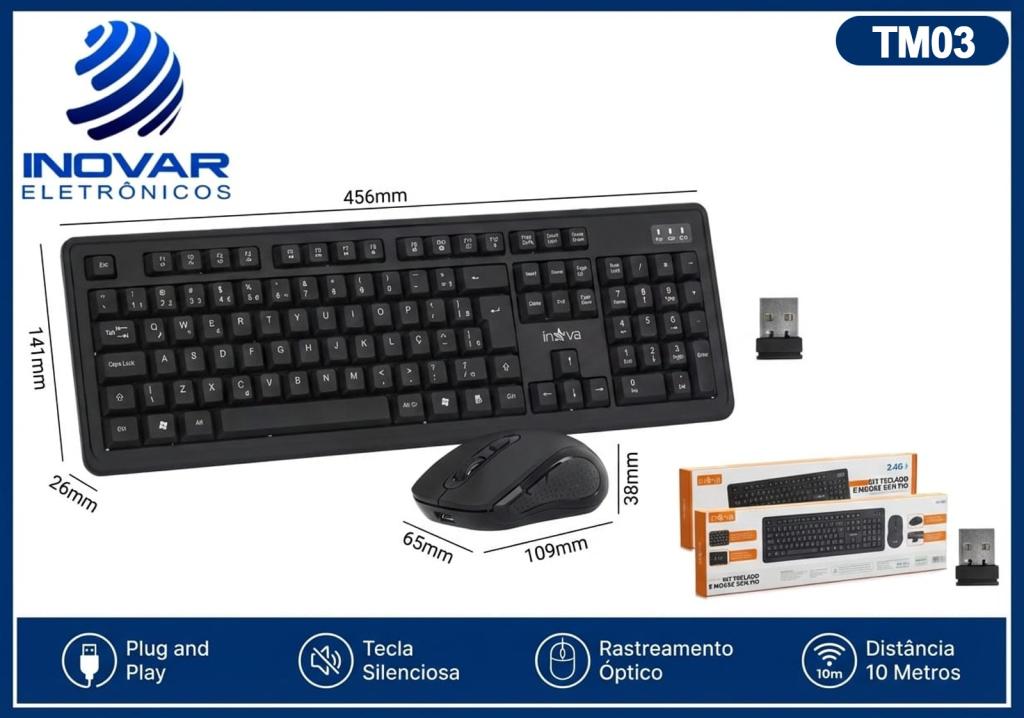 TM 03 KIT TECLADO E MOUSE SEM FIO INOVA KEY-8388/8389 KV 8784 KV 8786KV- 801 800