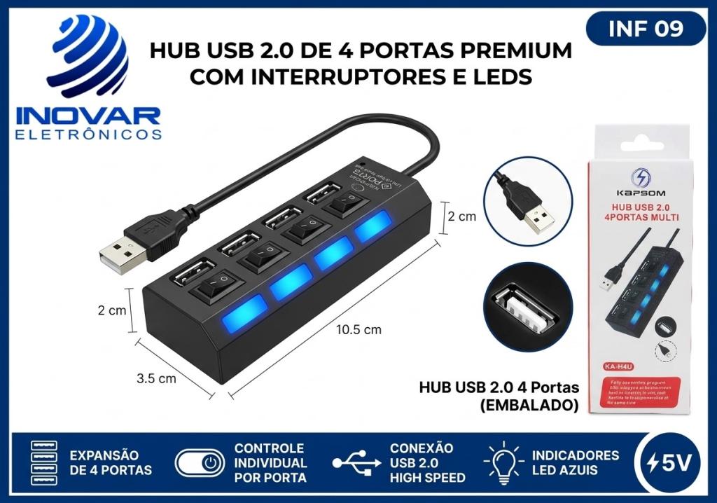 INF 09 HUB 4 PORTAS USB 2.0 COM SWITCH E LED KA-H4U