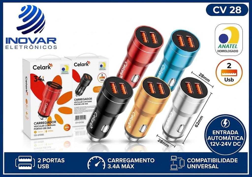 CV 28 CARREGADOR VEICULAR  2 SAIDAS USB 2,4A LE-527 525 528