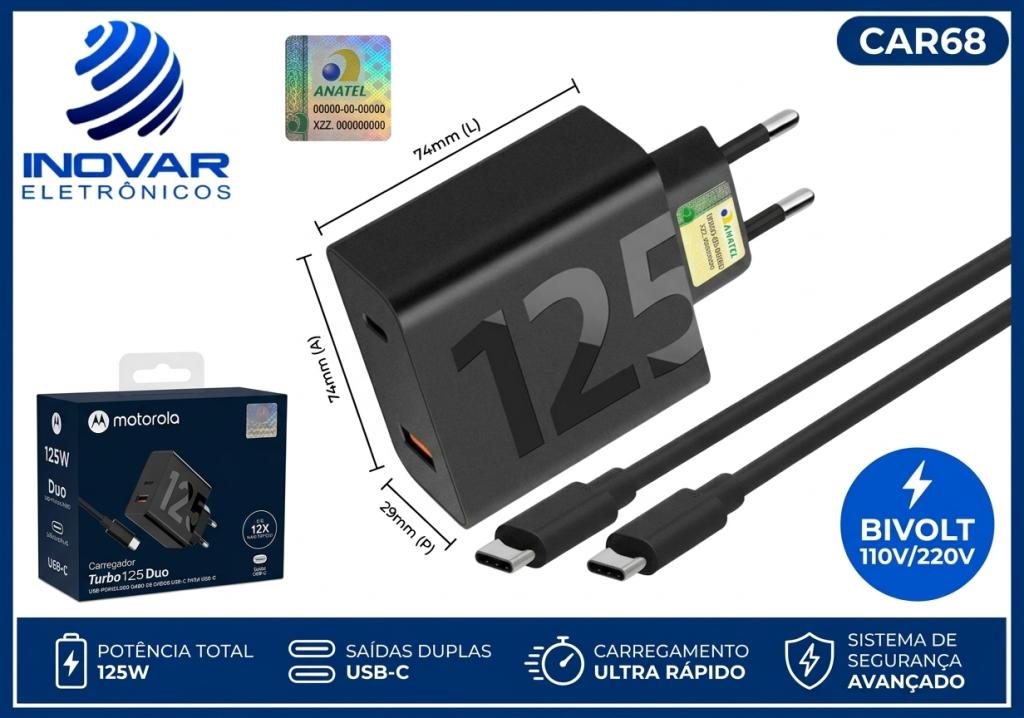 CAR 68 CARREGADOR TURBO POWER 125W COM DUAS SAIDAS 1 USB-A 1 USB-C COM CABO TIPO C motorola