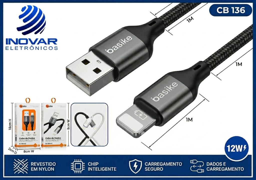 CB 136 CABO CARREGADOR 2.4a USB/IPHONE 1 METRO BASIKE BA-CBO 413