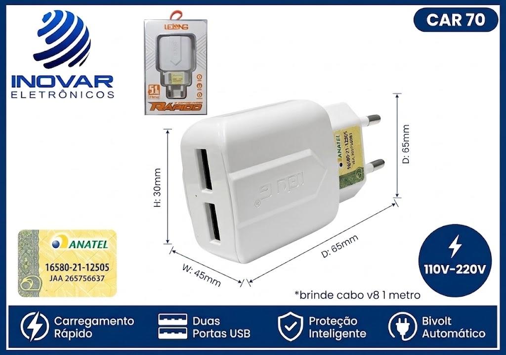 CAR 70 FONTE CARREGADOR 5.1a 2 SAIDAS USB LE-242FV