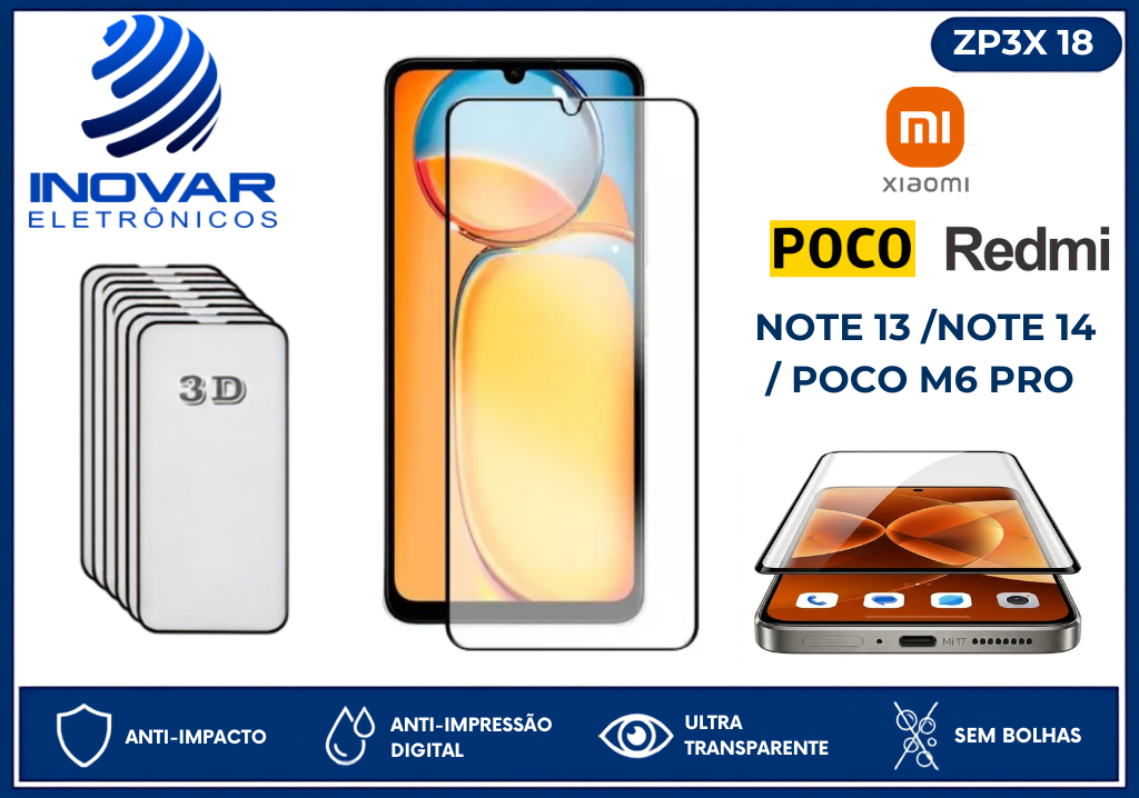 ZP3X 18 PELICULA 3D  REDMI NOTE 13 / NOTE 14  / POCO M6 PRO