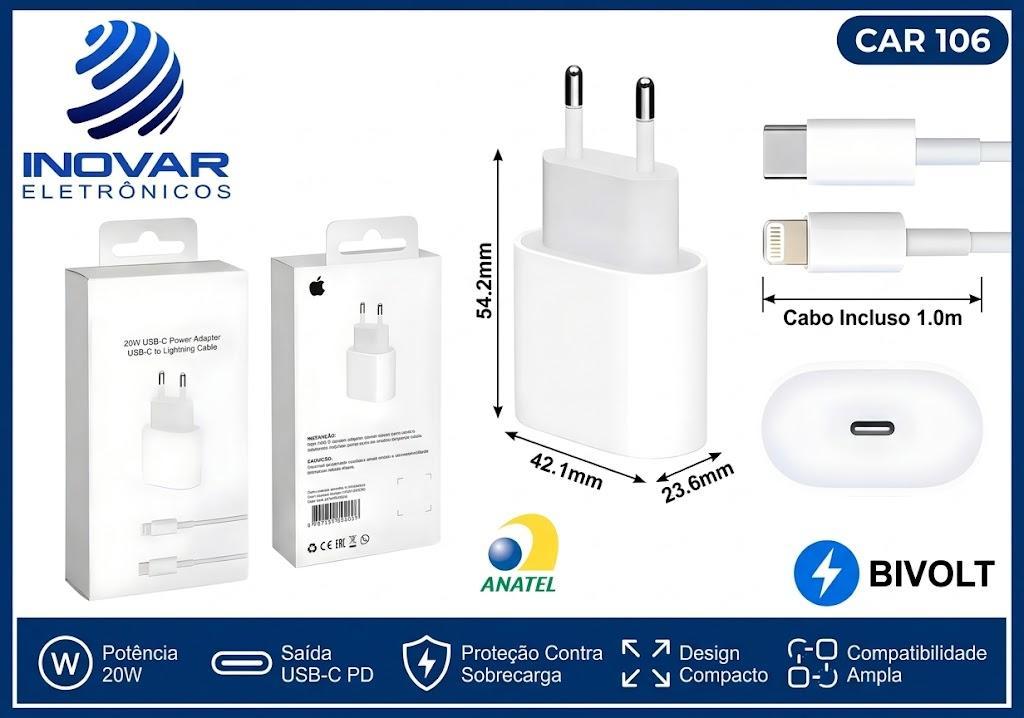 CAR 106 CARREGADOR TURBO 20W PARA IPHONE COM CABO USB C LIGHTNING - A1692