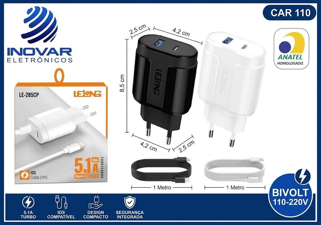 CAR 110  CARREGADOR 5.1a CABO SEPARADO TYPEC/LIGHTNING 2 SAIDAS 1 USB/1 TYPE C LE-283CP LE-285CP