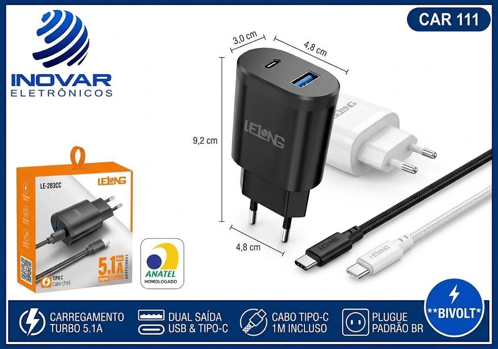 CAR 111  CARREGADOR 5.1a CABO SEPARADO TYPEC/TYPEC 2 SAIDAS 1 USB/1 TYPE C LE-283CC LE-285 cc