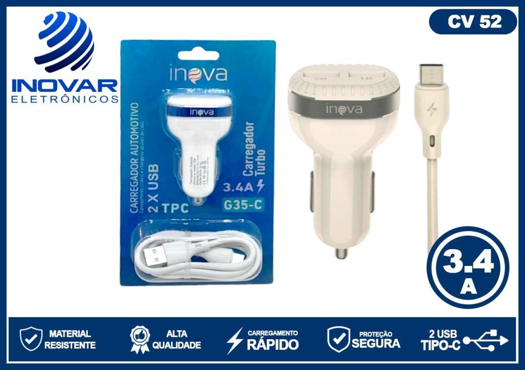 CV 52 CARREGADOR VEICULAR 2 SAIDAS USB 3.4a/2.4a COM CABO TIPO C G35 C