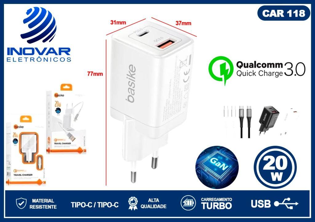 CAR 118 CARREGADOR TURBO 20W GAN COM SAIDA TIPO C COM CABO TIPO C TIPO C BA-CAR 068 046 CC