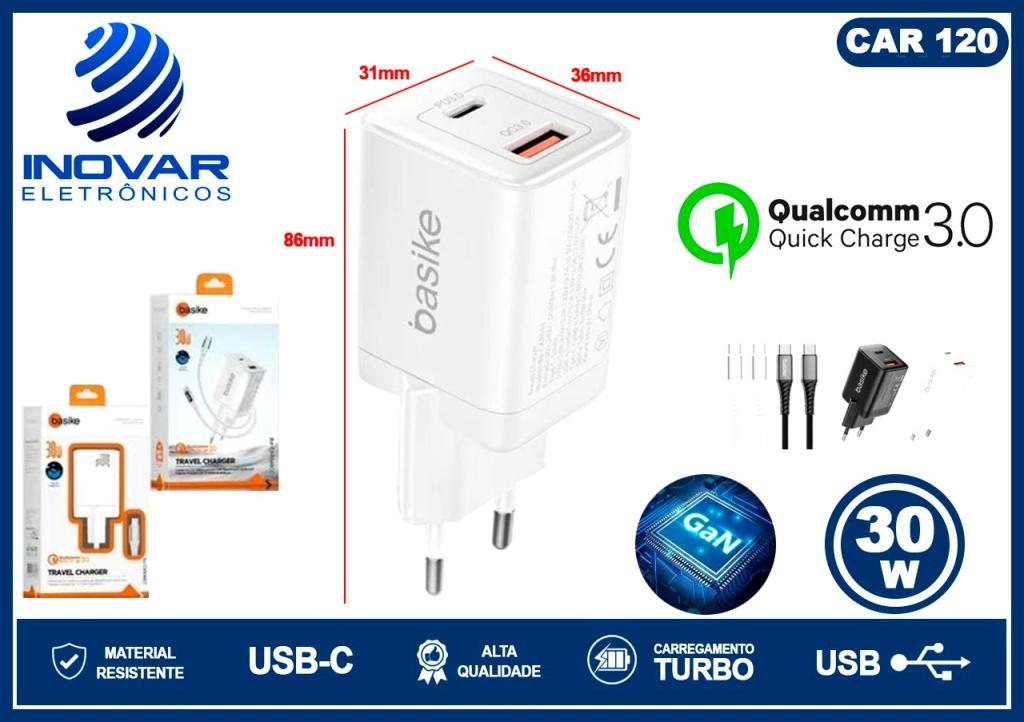 CAR 120 CARREGADOR TURBO 30W GAN COM 2 SAIDAS TIPO C COM CABO TIPO C TIPO C BA-CAR 071 048 CC