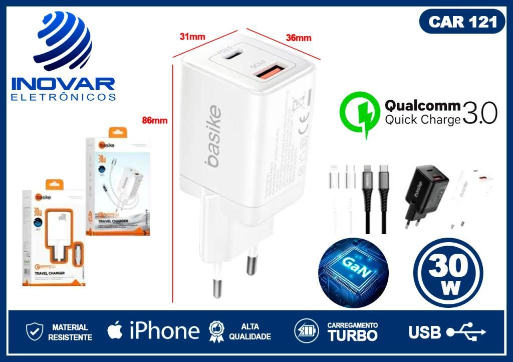 CAR 121 CARREGADOR TURBO 30W GAN COM 2 SAIDAS TIPO C COM CABO TIPO C LIGHTNING BA-CAR 071 048 CL