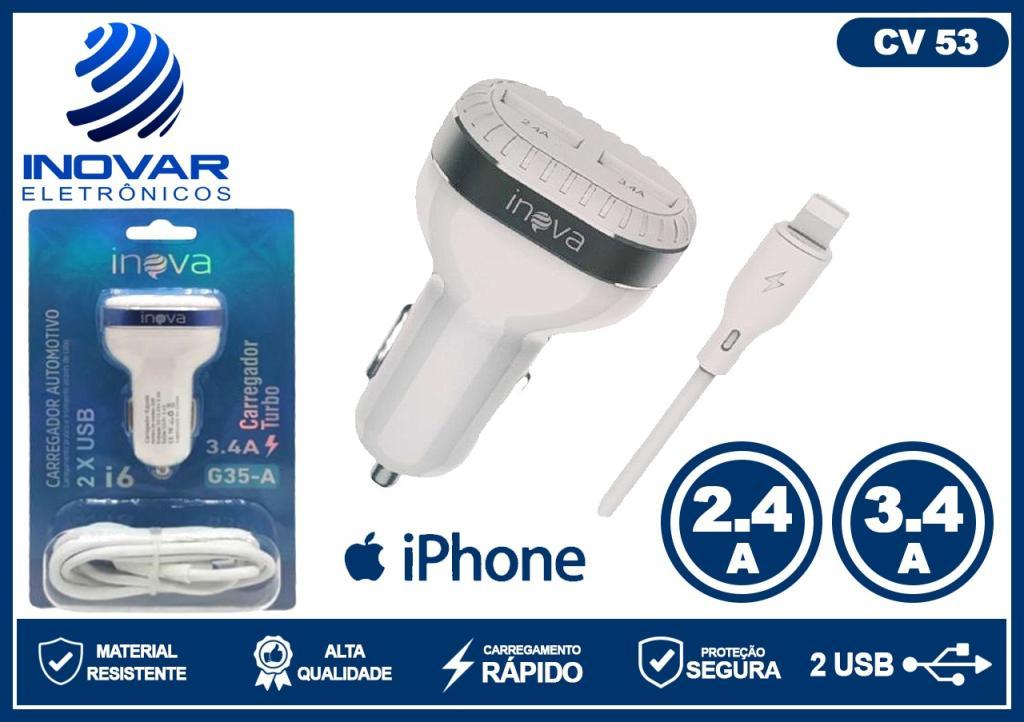CV 53 CARREGADOR VEICULAR 2 SAIDAS USB 3.4/2.4a CABO DE IPHONE G35 I6