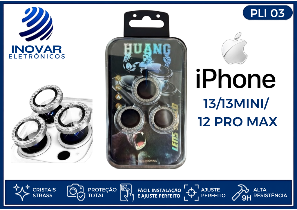 PLI 03 PROTETOR EM METAL DE LENTE CAMERA BRILHANTE IPHONE 13/13MINI/12 PRO MAX