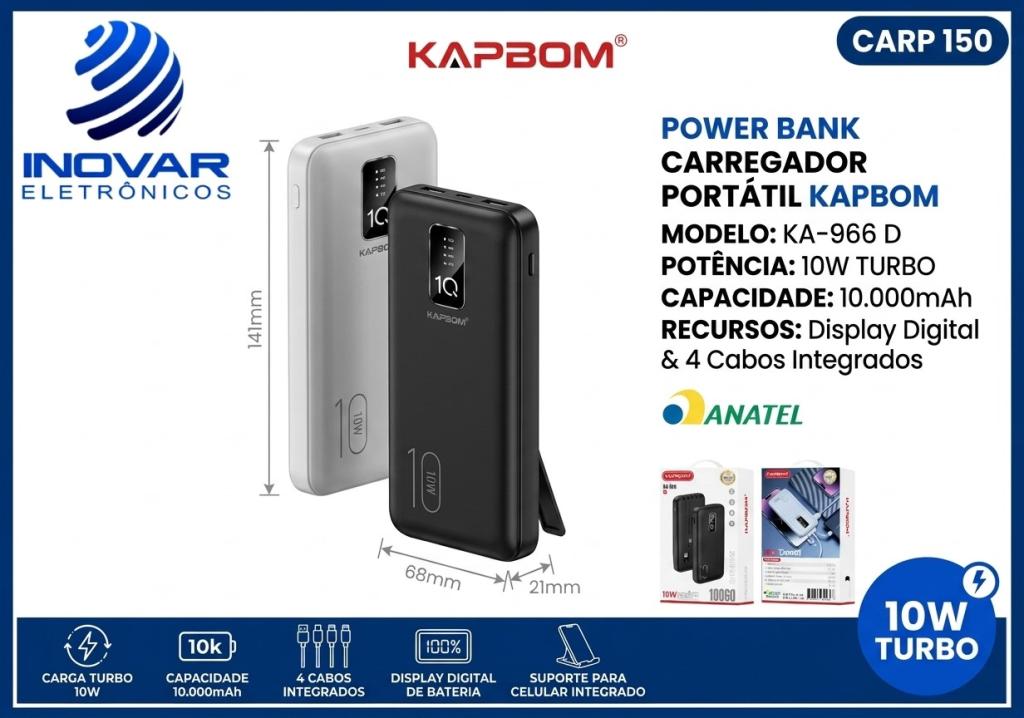 CARP 150 CARREGADOR PORTATIL 10.000 mAh com cabo v8/tipo c/lightning KA-966