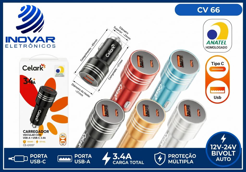 CV 66 CARREGADOR VEICULAR 2 SAIDAS 1 USB 1 PD LE-530 LE-531 CE-G1057