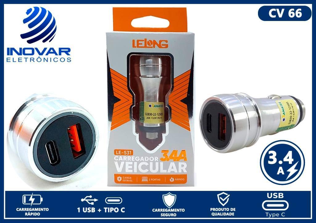 CV 66 CARREGADOR VEICULAR 2 SAIDAS 1 USB 1 PD LE-530 LE-531 CE-G1057