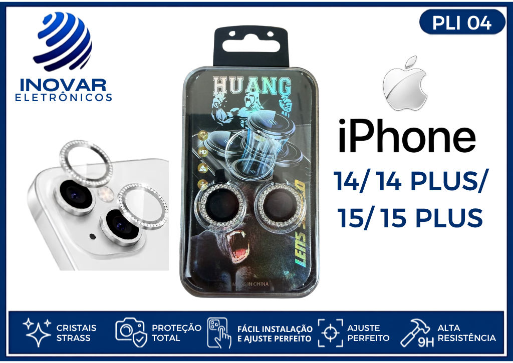 PLI 04 PROTETOR EM METAL DE LENTE CAMERA BRILHANTE IPHONE 14/14 PLUS/15/15 PLUS