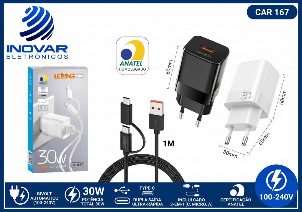 CAR 167 CARREGADOR TURBO 30W SAIDA USB COM CABO USB TIPO C C/ ADAP V8 LE-296V