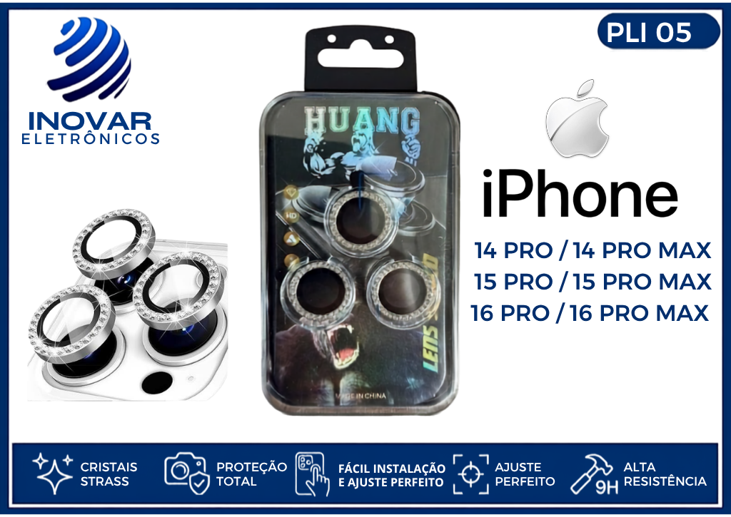 PLI 05  PROTETOR EM METAL DE CAMERA BRILHANTE IPHONE  14 PRO/14 PRO MAX/15 PRO/15 PRO MAX/16 PRO/16 PRO MAX