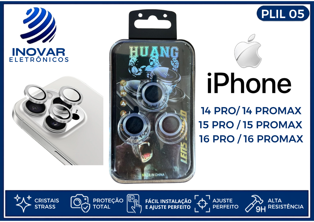 PLIL 05 PROTETOR EM METAL DE LENTE CAMERA LISA IPHONE  14 PRO/14 PROMAX/15 PRO/15 PROMAX /16 PRO/16 PROMAX