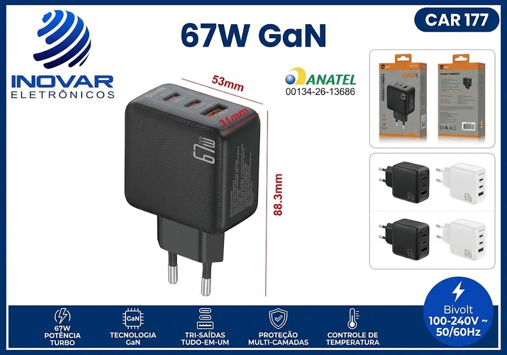 CAR 177 FONTE CARREGADOR TURBO PRO GAN 67W 2 SAIDAS 1 USB-A 2 USB-C PD E QC 3.0 CAR-049 MD-CAR 273